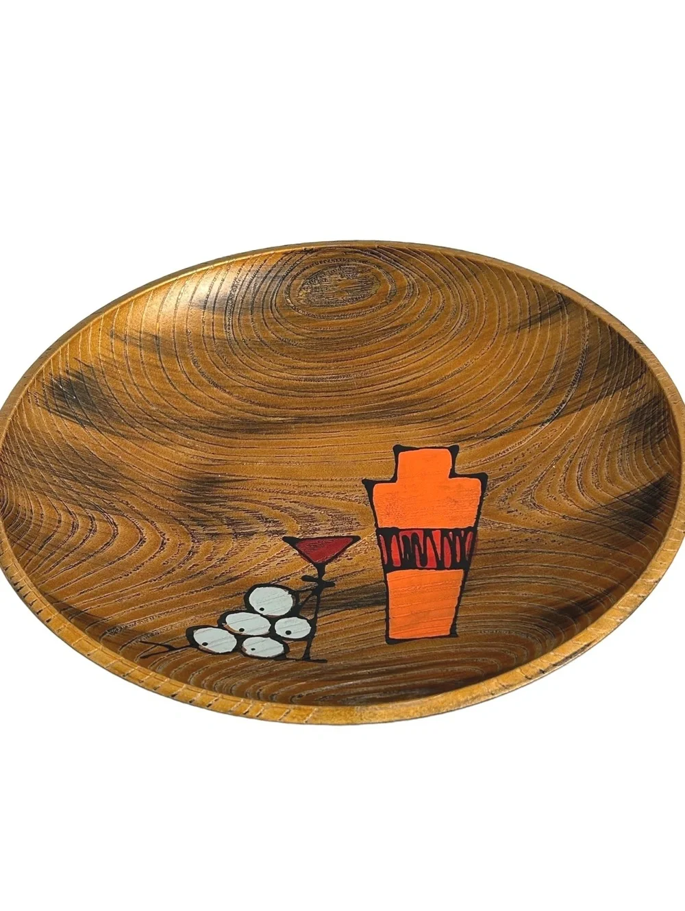 Mid-Century Modern Hand-Painted Wooden Bowl with Abstract Cocktail Design